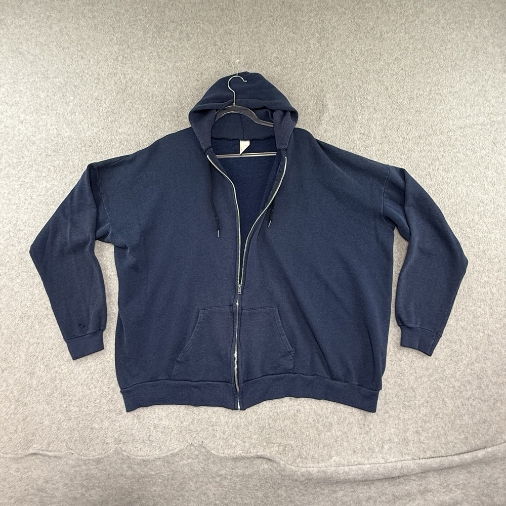 Vintage Hoodie Size 3xl XXXL 80s Full Zip Up Sweatshirt Navy Blue Faded 30x27